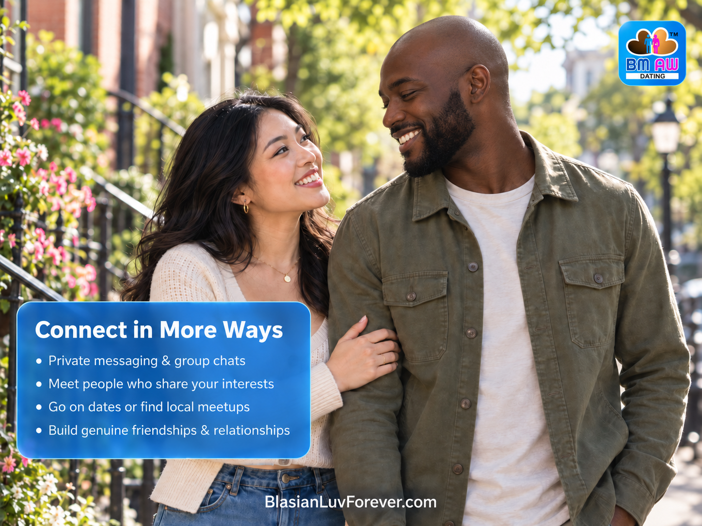 Black man and Asian woman enjoying time together in a city