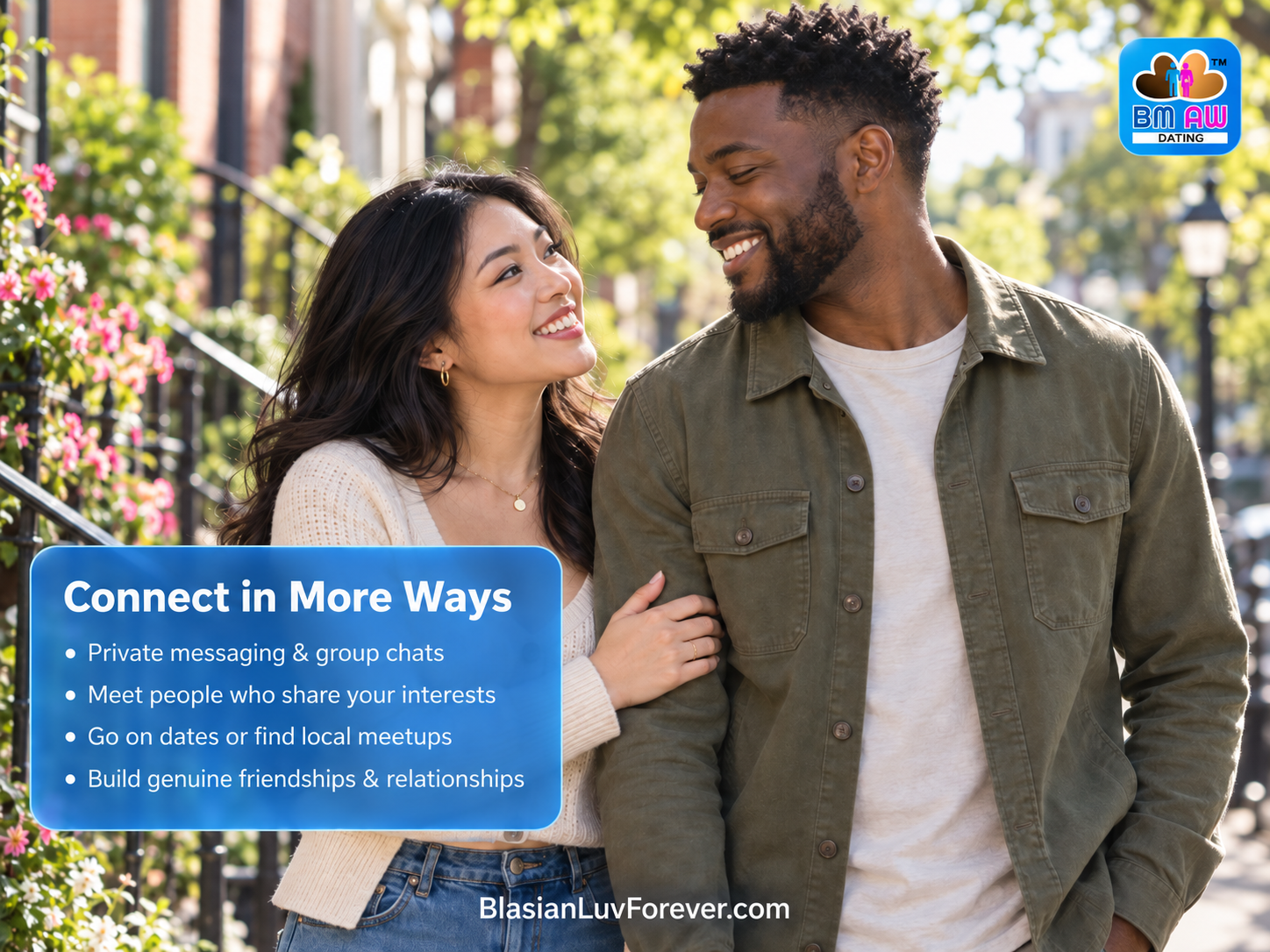Black man and Asian woman enjoying time together in a city
